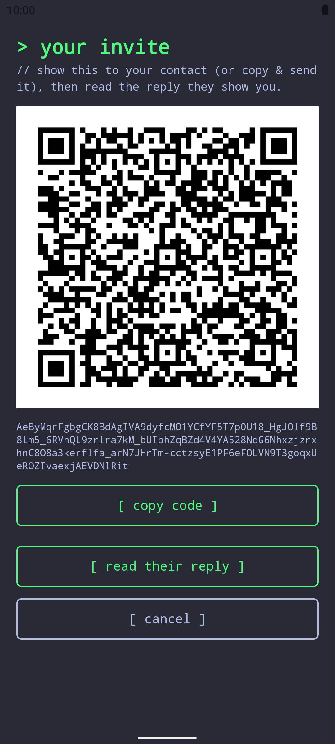 Pairing — an invite shown as a QR code